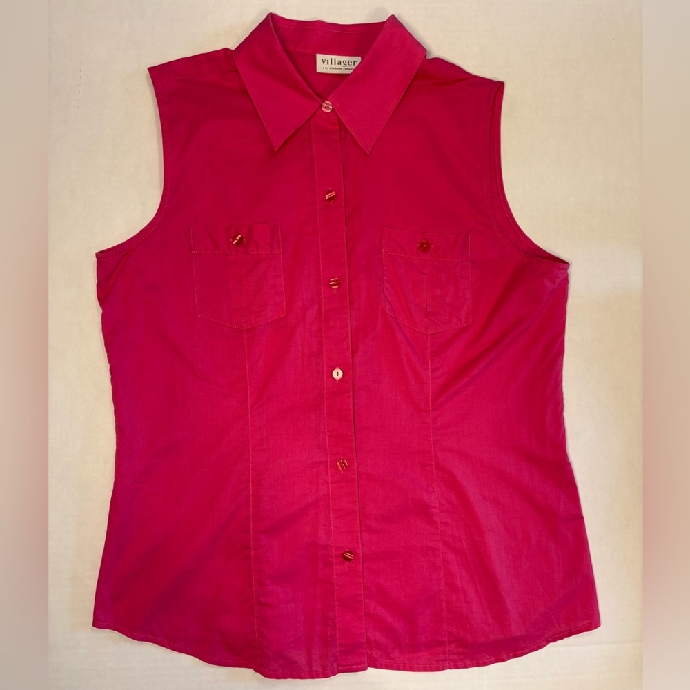 Villager women’s 100% cotton pink blouse classic sleeveless button down size 14
